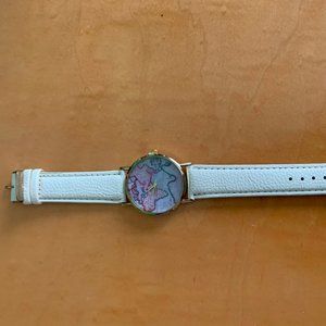 White Map of World Leather Watch